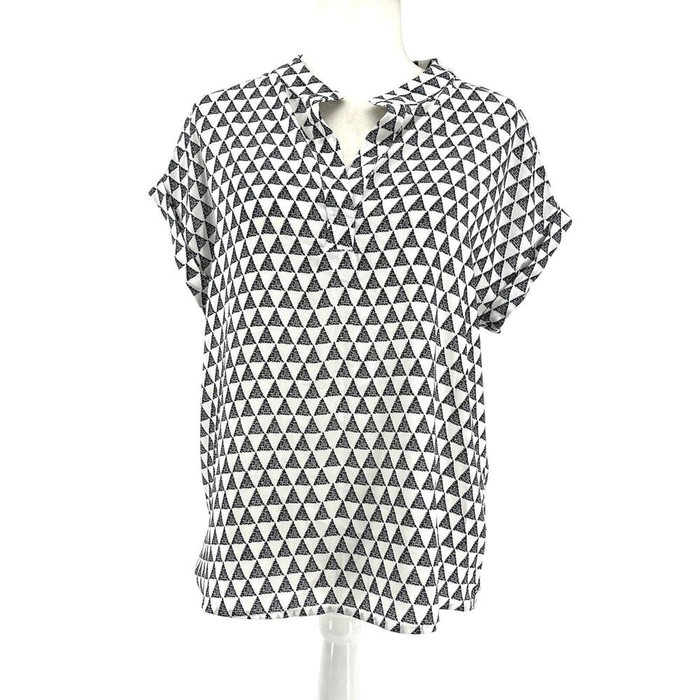 Pleione Black White Geometric Tunic Blouse Mandarin Collar MP Polyester